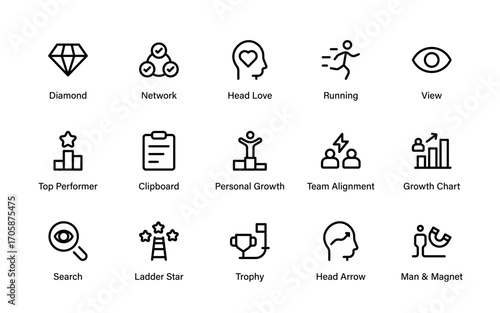 Personal Growth Professional Line Icon Collection, modern minimal outline vector pack featuring creative abstract finance, business, and personal achievement symbols