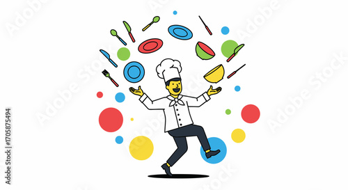 Cheff Juggling Cutlery And Dishes Against Minimalist White Background Art