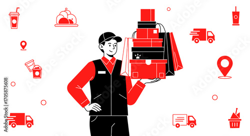 Courier Displaying Multiple Packages and Shopping Bags Ready for Delivery Service