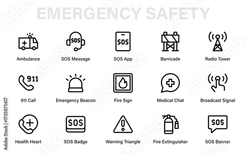 Emergency Safety Professional Line Icon Collection. Modern Minimal Hotline, Call Assistance, Helpline and Crisis Response Vector Outline Symbols