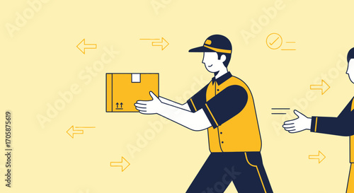 Courier Handing Package To Another Person On A Yellow Background, Modern Delivery Concept