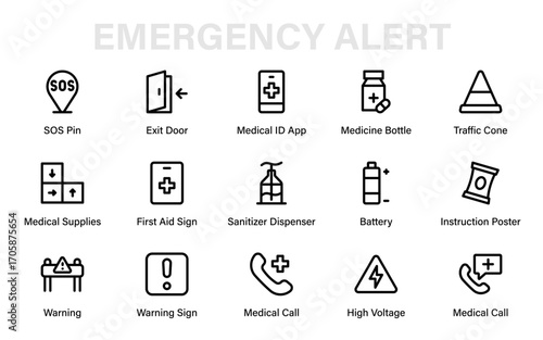 Emergency Alert Professional Line Icon Collection. Modern Minimal Hotline, Crisis Helpline, Support Call, Rescue and Safety Assistance Vector Pack