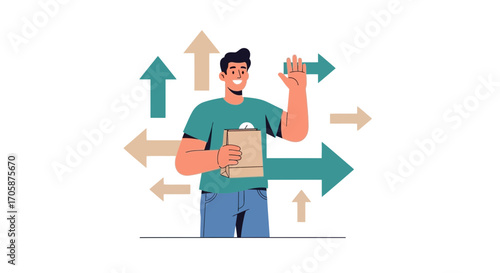Courier Greets With Parcel Amongst Arrows Illustrating Various Delivery Pathways And Options