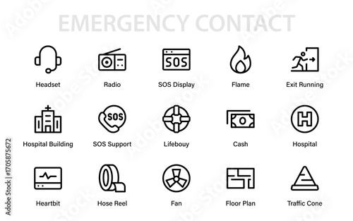 Emergency Contact Professional Line Icon Pack. Modern Minimal Outline Vector Hotline, Crisis Helpline, Call Assistance and Safety Support Symbols