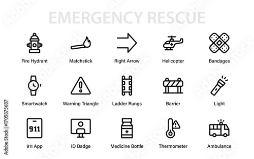Emergency Rescue Modern Line Icon Set. Professional Minimal Outline Hotline, Call Support, Helpline, Crisis Assistance and Safety Symbol Collection