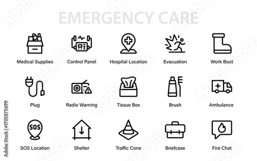 Emergency Care Professional Line Icon Pack. Modern Minimal Hotline, Helpline, Call Support, Crisis Assistance and Safety Rescue Vector Symbols