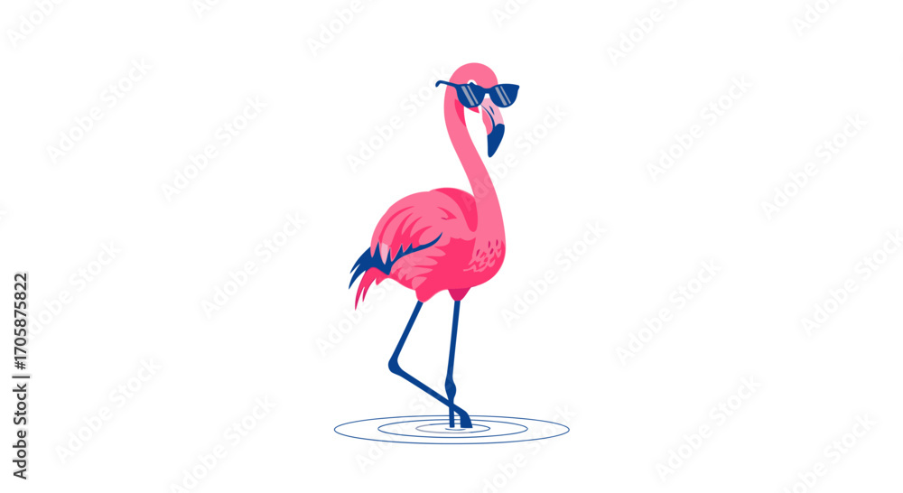 Obraz premium Chic Flamingo Wearing Sunglasses Standing In Water Underneath A Sunny Sky Scene