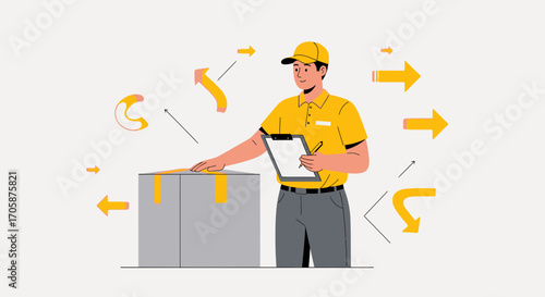 Courier Verifying Package Direction Amidst Arrows Indicating Movement and Delivery