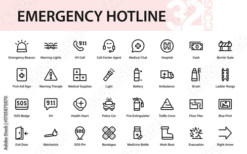 Emergency Hotline Professional Line Icon Collection – Modern Minimal Outline Vector Set for Helpline, Crisis Response, Call and Support Assistance