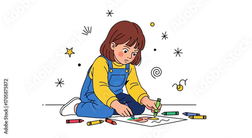 Child Artist Concentrating On Her Creative Artwork With Colorful Crayons And Details