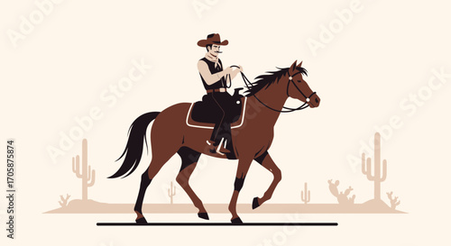 Cowboy Rides Steadfastly on Horseback Through Desert Landscape Under Bright Sky, Vector