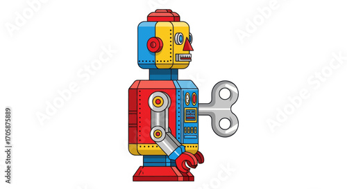 Vintage Wind-Up Tin Robot Toy Retro Mechanical Design.