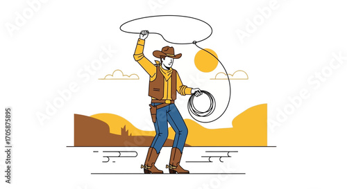 Cowboy In Western Attire Aiming Rope, Readying Lasso Against Background