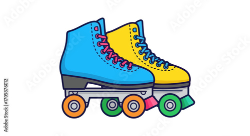 Pair of colorful roller skates with laces and wheels for recreation.