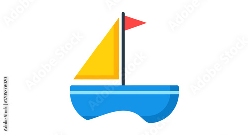 A simple colorful cartoon sailboat with a blue hull yellow sail and a small red flag.