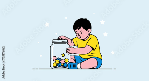 Child Collecting Colorful Stars in A Jar: Illustration of Imagination and Dreams