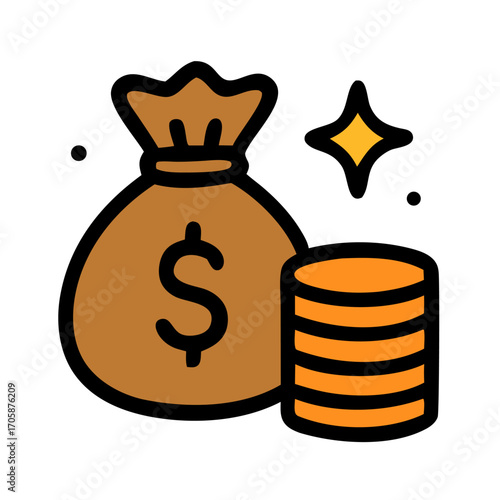 Money bag and coins vector icon. Perfect for finance, savings, banking, investment, accounting, business profit, income growth, and wealth management design projects