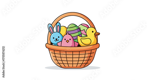 Easter Basket Filled with Colorful Eggs Chick Duck and Bunny.
