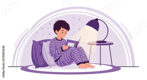 Cozy Reading Time: A Young Person Enjoying a Book under a Lamp's Soft Glow