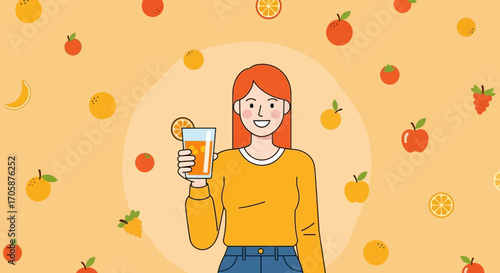 A Cheerful Person Holds Up Refreshing Juice Against a Playful Fruit Pattern