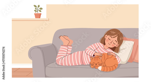 Cozy Relaxation Scene Depicting Girl And Cat Lounging Comfortably On Sofa With Plants