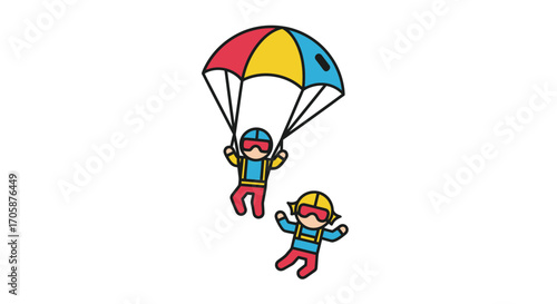 Cartoon Skydivers with Colorful Parachute Wearing Helmets and Goggles.