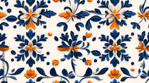 Decorative seamless blue and orange floral ornamental pattern background