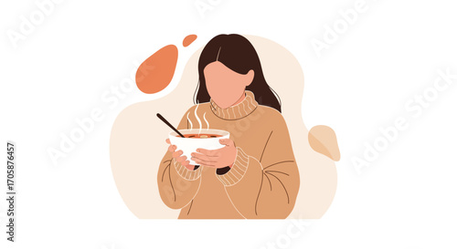 Cozy Woman Savoring Hot Soup Illustration Amidst Warm Abstract Composition