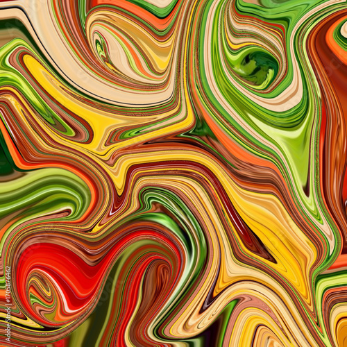 Dynamic swirl of red, yellow, and green abstract marbling art. Bold, colorful flowing texture perfect for vibrant modern design and creative expression.