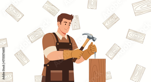 Craftsman hammering, wooden boards design on white backdrop creating visual narrative