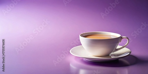 Aromatic Tea in a White Cup on a Saucer Against a Lavender Background