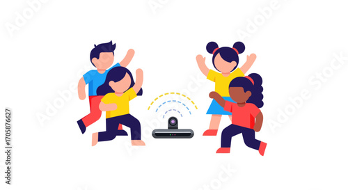 Happy diverse cartoon children dancing joyfully around a wireless music speaker.
