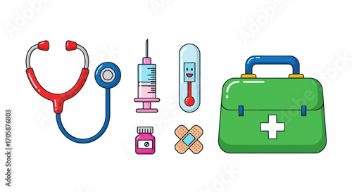 Cartoon Medical Kit: Stethoscope Syringe Thermometer and First Aid Essentials.