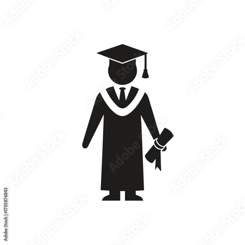 Graduation icon of a person in cap and gown holding a diploma