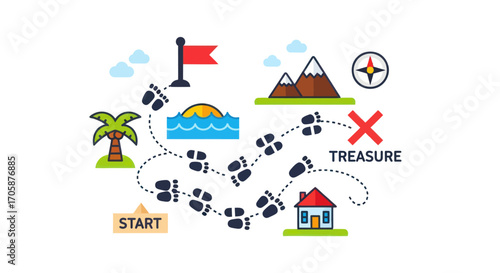 Colorful Treasure Map Illustration with Footprints Start Point and Adventure Elements.