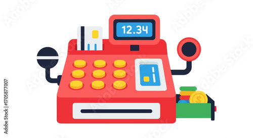Red Cash Register with Display Buttons Card Reader and Open Drawer.