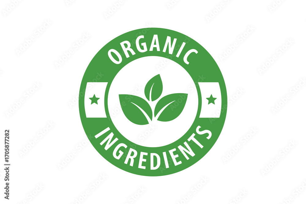 Organic Ingredients Label, Green Round Badge with Leaves and Stars, Vector Illustration Organic Ingredients Label, Green Round Badge with Leaves and Stars, Vector Illustration
