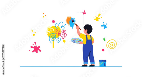 Creative Child Painting a Colorful Mural on a Wall with a Palette and Paintbrush