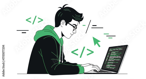 Creative Coder Focused On Work, Programming, And Coding With Modern Technology On Laptop