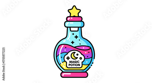 Whimsical Magic Potion Bottle with Star Stopper and Swirling Colors.