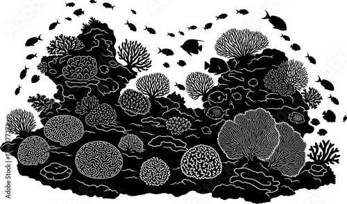Detailed coral reef silhouette with a school of fish. Black and white vector illustration of underwater sea life