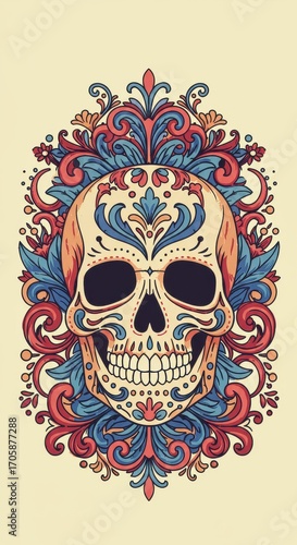 Ornate Sugar Skull with Colorful Floral Design on Beige Background