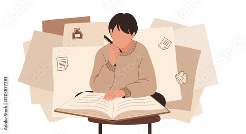 Creative Contemplation Of a Writer Surrounded By Manuscripts and Conceptualization