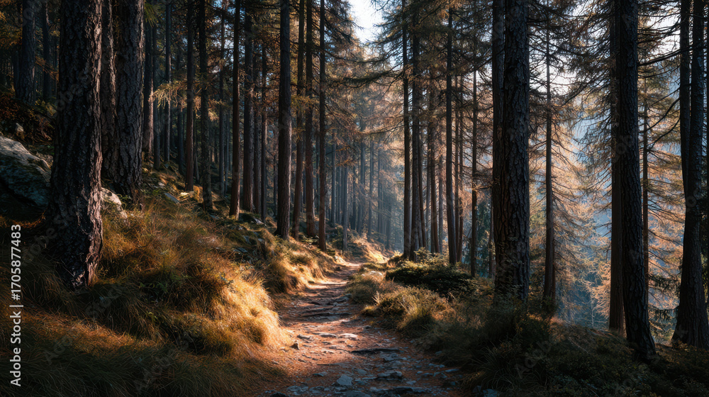 Obraz premium Exploring serene forest trails mountainous region nature photography autumn light wide-angle view peacefulness