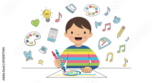 Creative Expression: A Joyful Child's Artistic Endeavor with Colorful Elements Illustrated