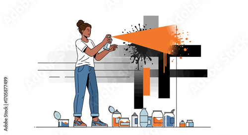 Creative Female Artist Spray Painting Abstract Graphic Art Vector Illustration