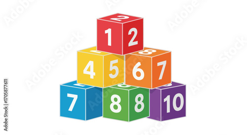 A pyramid stack of colorful childrens toy cubes with numbers for learning and play.