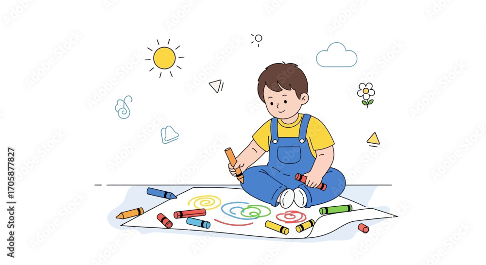 Fototapeta premium Creative Kid Illustrating Colorful Art With Crayons On Paper And Having Fun All Day