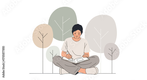 Creative Mind Journaling in Nature Amidst Abstract Trees Illustration Artwork