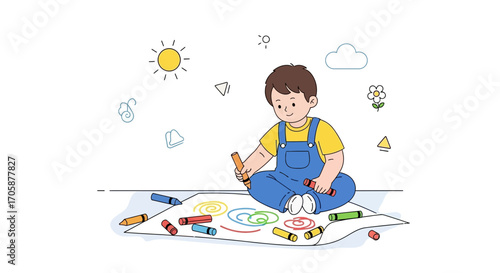 Creative Kid Illustrating Colorful Art With Crayons On Paper And Having Fun All Day